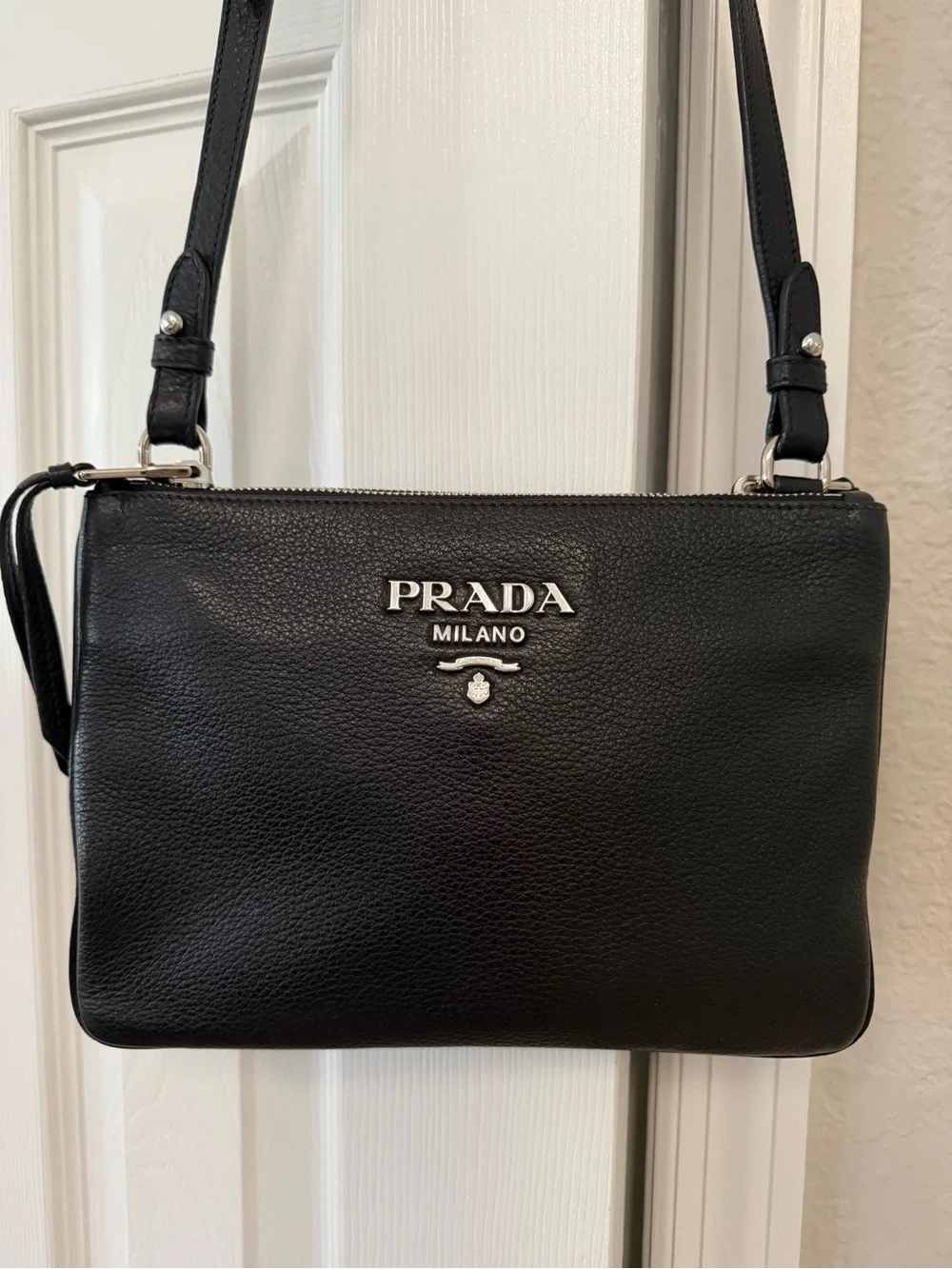 Prada Black Pebbled Leather DOUBLE ZIP GUSSET CROSSBODY BAG with Silver Logo